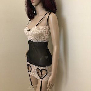 Sheer Black Garter Chemise-Pale Pink Lace Trim-Pink Rhinestone-Valentine's Day